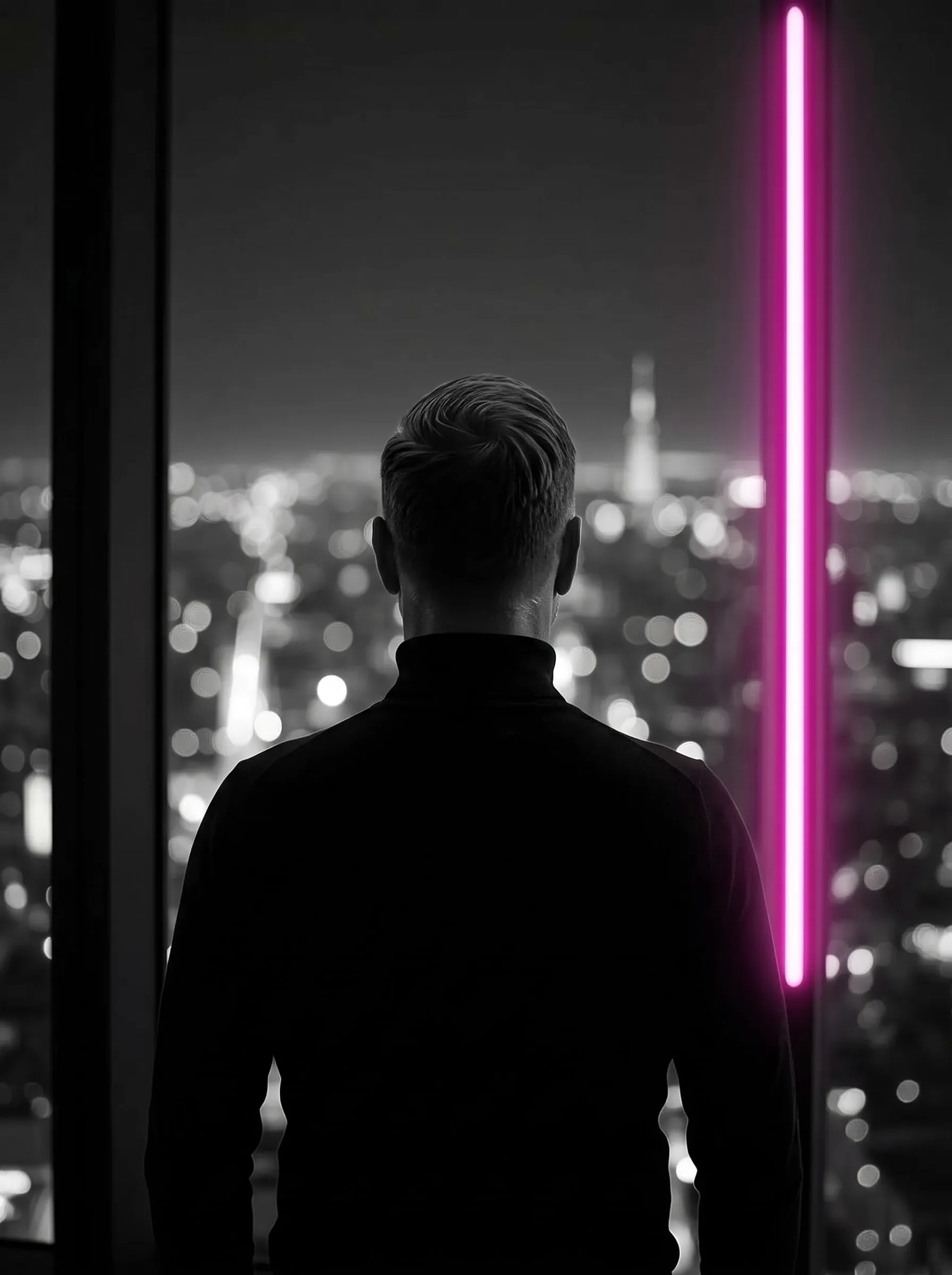An executive seen from behind at a high-rise window at night, city lights far below, a magenta neon line running down the glass.